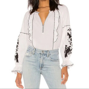Joie Black & White Embroidered Boho Ruffle Peasant BlousTop Size XS